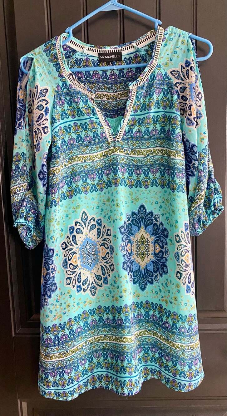 My Michelle Women's Blue Boho Mosaic Print Cold Shoulder Spring Dress Size Small